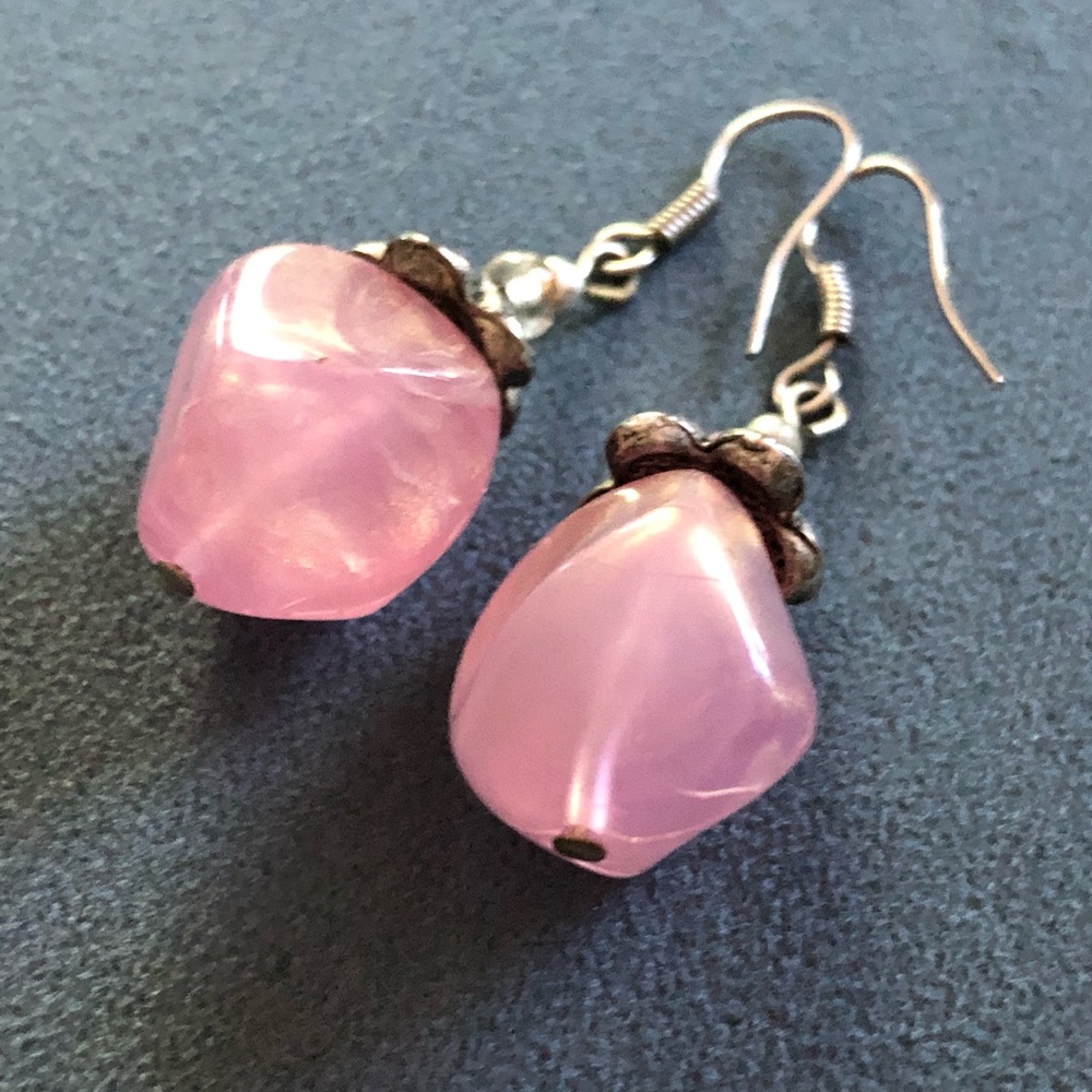 Vintage Pewter with Pink Bead Earrings